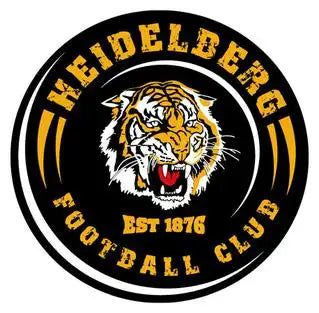 Black and gold circular emblem featuring a roaring tiger with white whiskers, surrounded by the text ’heidelberg football club’ and ’est 1876’’.