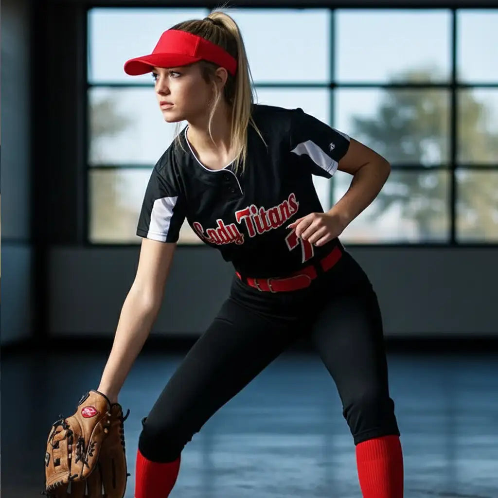 Black and red softball uniform with white accents, featuring ’lady titans’ in bold lettering across the chest.