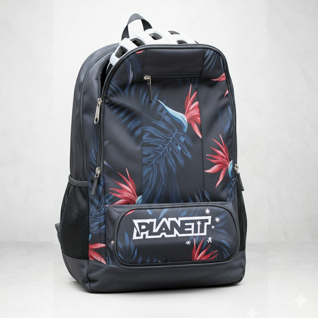 Black and gray backpack with tropical leaf design, planett logo.