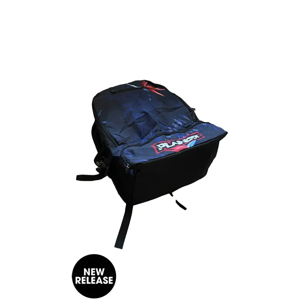 Dark backpack with graphic design.