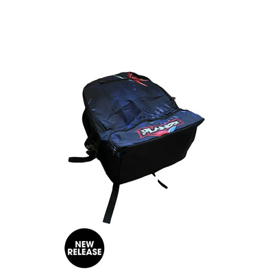 Dark backpack with graphic design.
