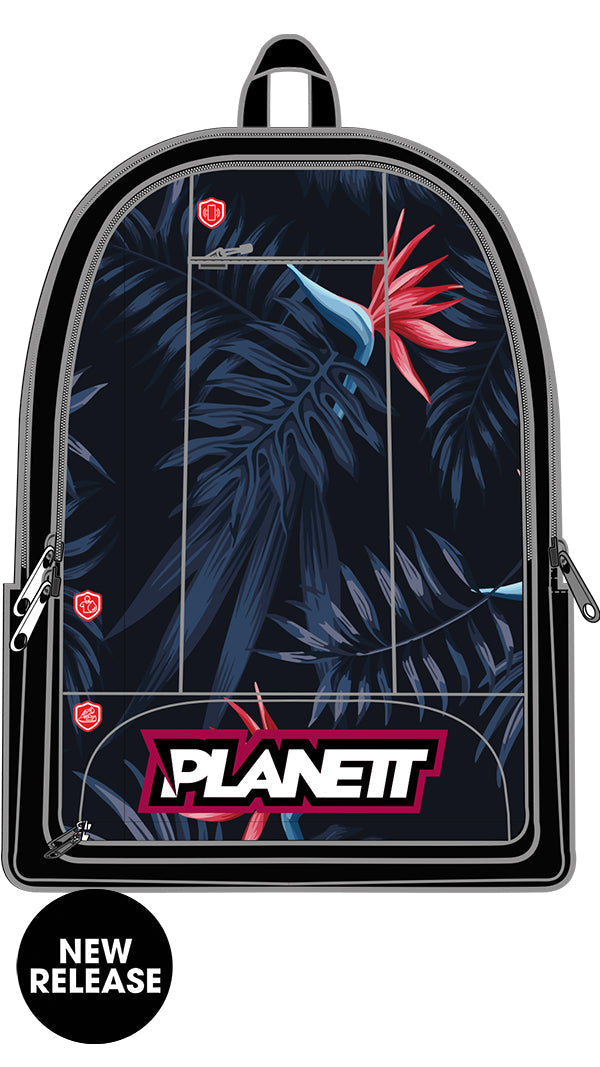 Black backpack with vibrant tropical foliage and a striking red-and-blue flower design, featuring the ’planett’ logo in bold pink and white lettering.