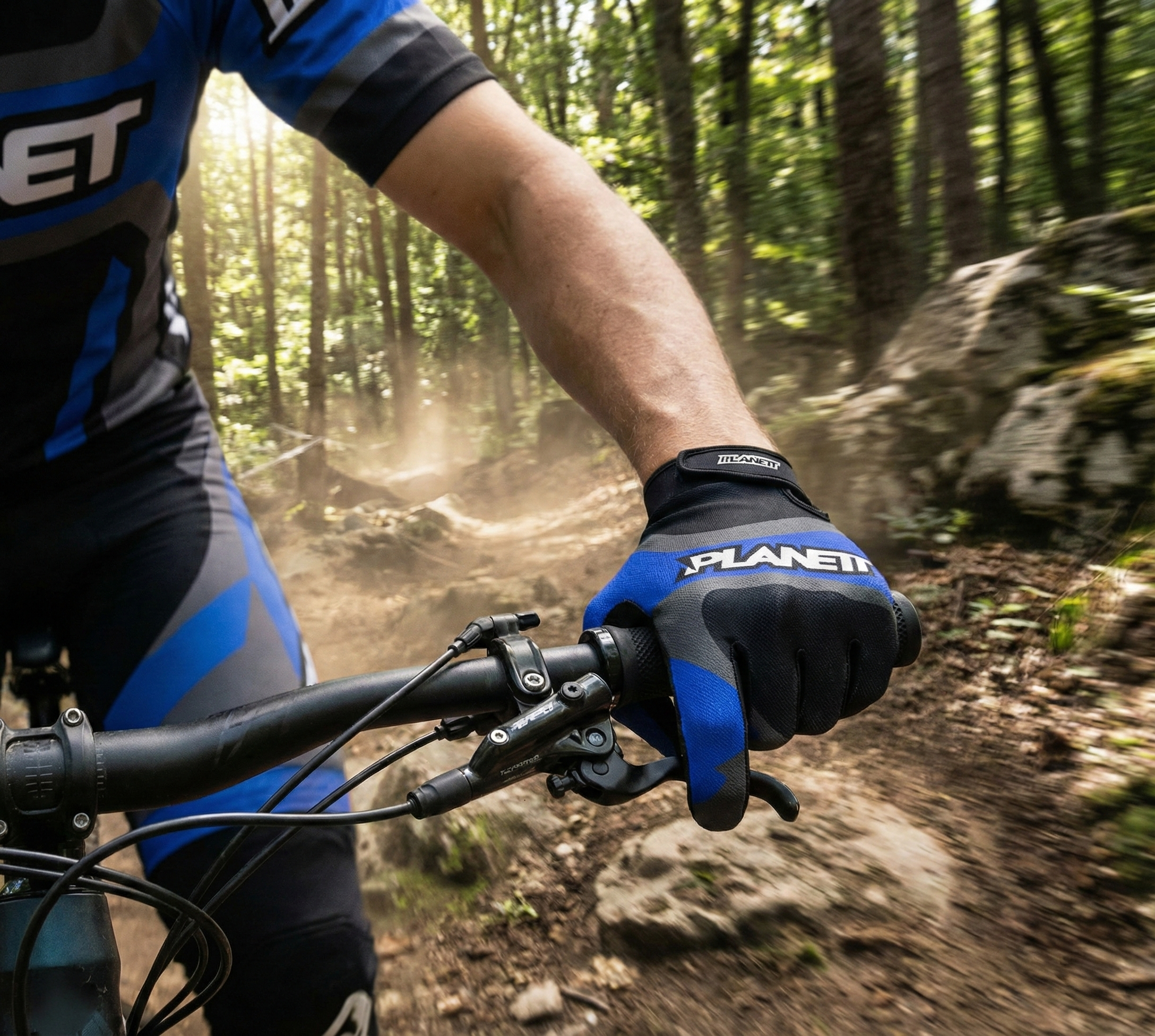 Blue and black planet x glove with textured grip design.