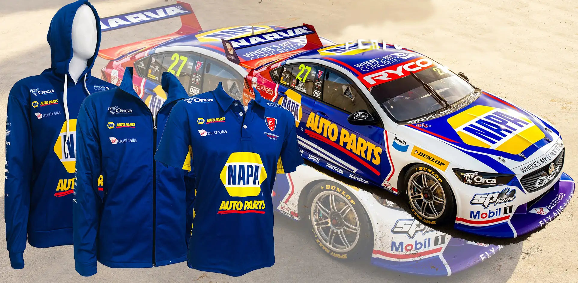 Blue napa auto parts branded hooded jacket with yellow and red logo accents.