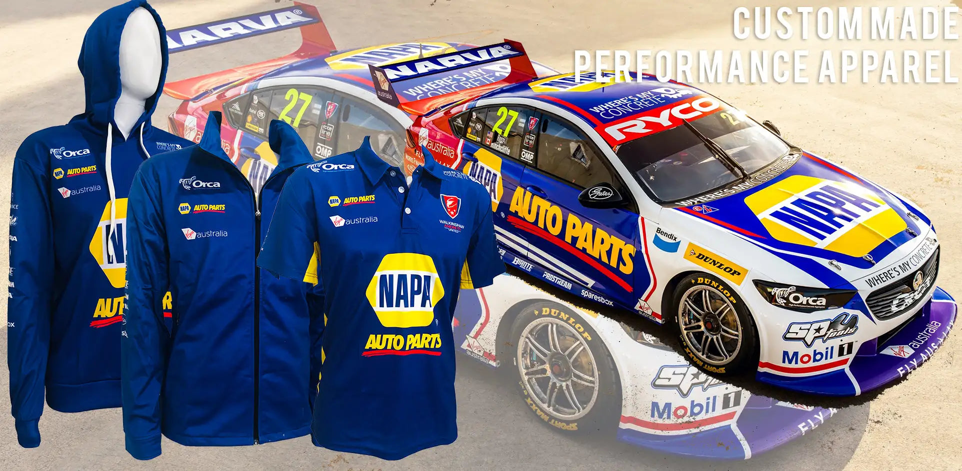 Blue napa auto parts branded performance apparel displayed alongside a race car.