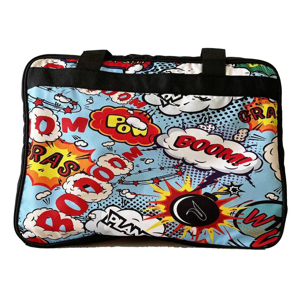 Comic-book-themed laptop bag.