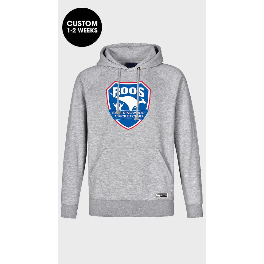 Gray hooded sweatshirt with logo.