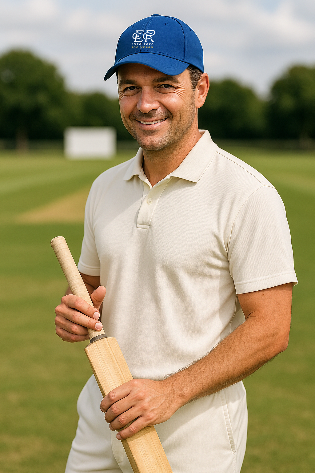 A man in a polo shirt and hat holding a cricket bat.