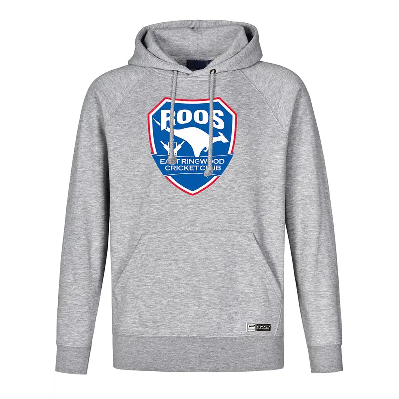 Gray hooded sweatshirt with logo.