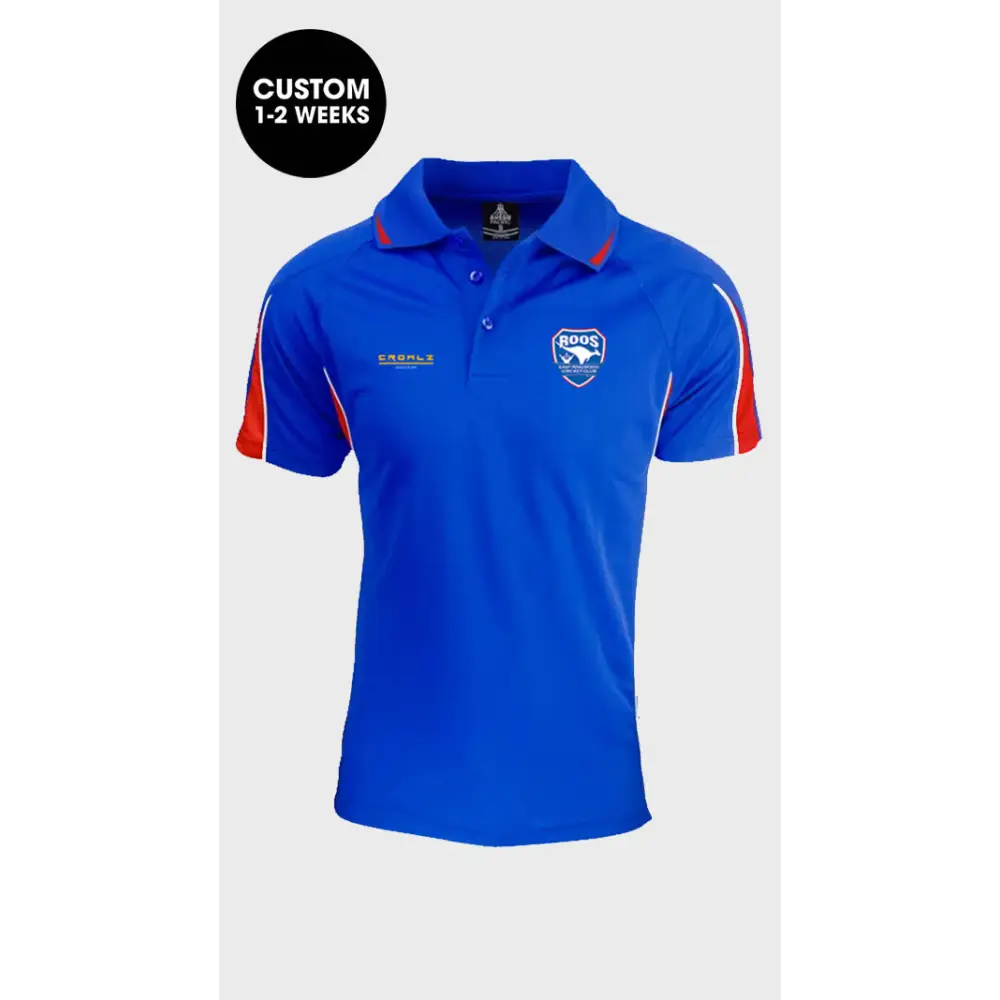 Blue and red polo shirt.