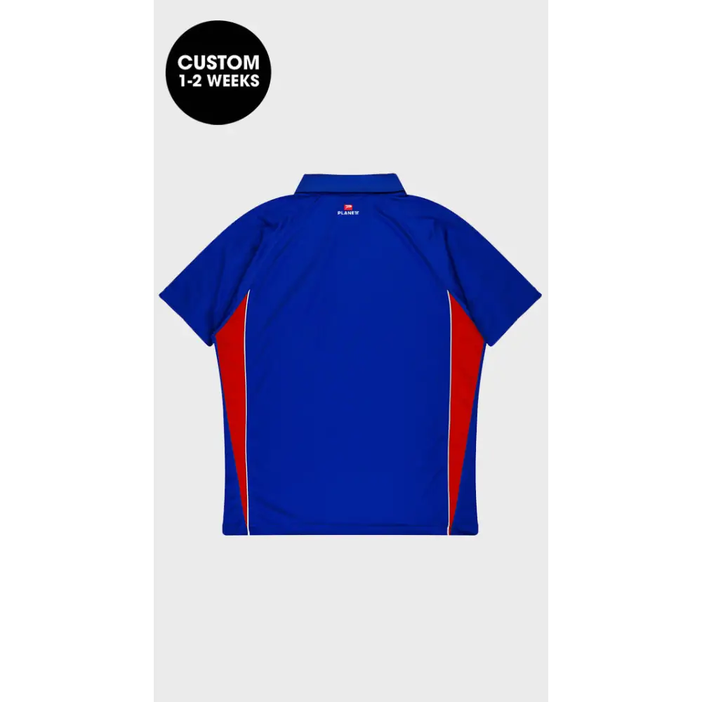 Blue and red polo shirt.