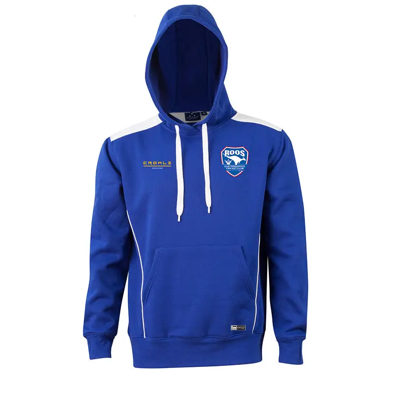 Blue hooded sweatshirt with white accents.