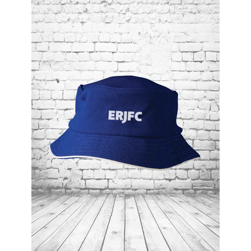 Blue bucket hat.