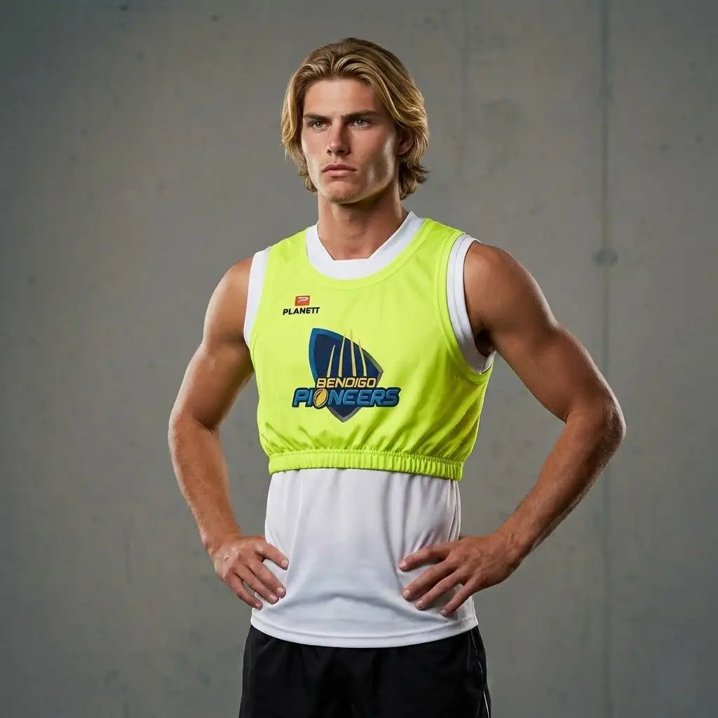 Neon yellow and white athletic jersey with ’pioneers’ logo, flameit brand.
