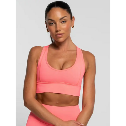 Coral-colored sports bra.