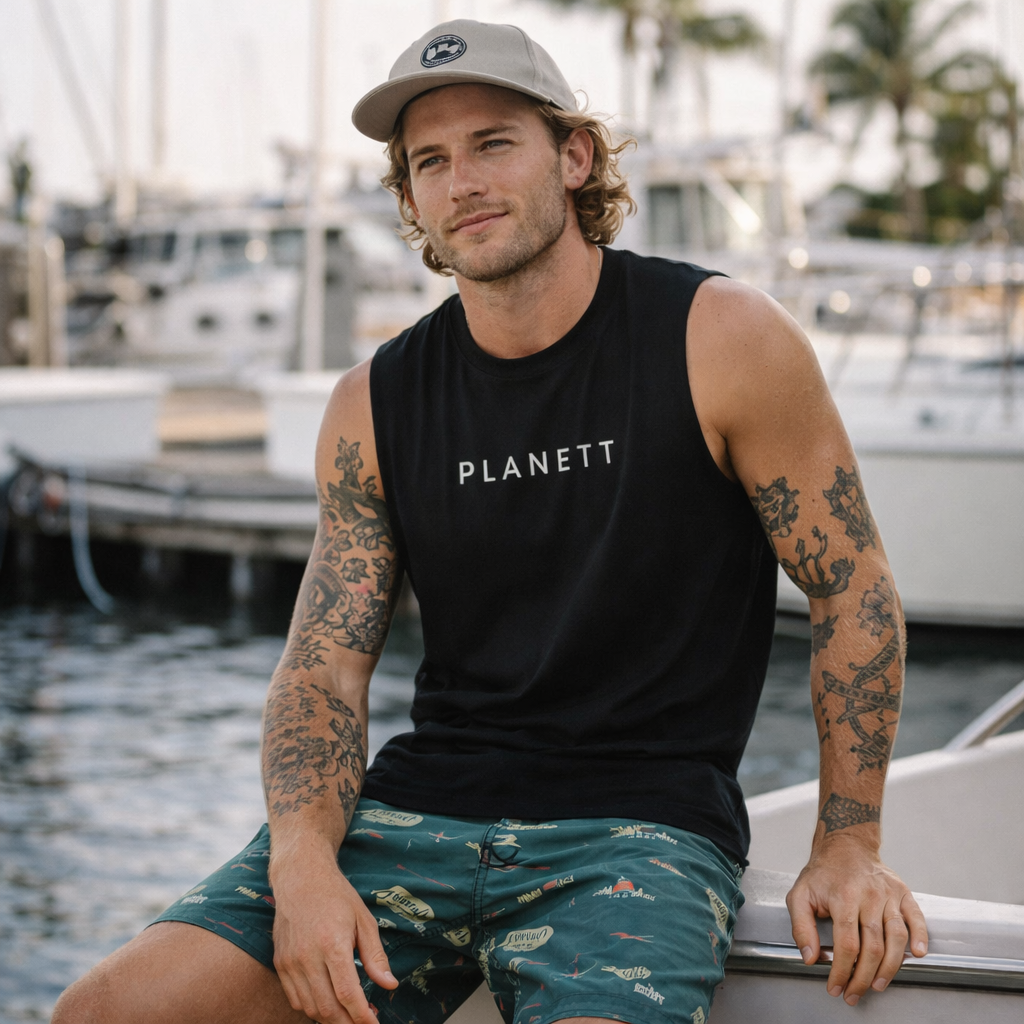 Black sleeveless tank top with white ’planett’ lettering across the chest.