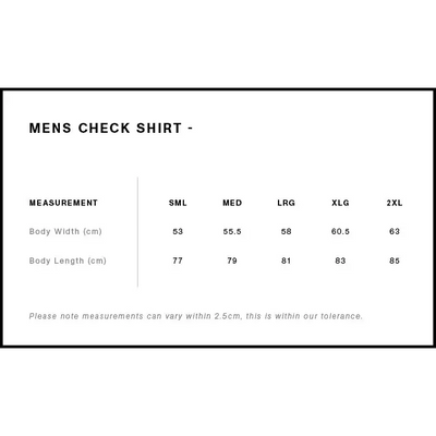 Men’s check shirt size chart.
