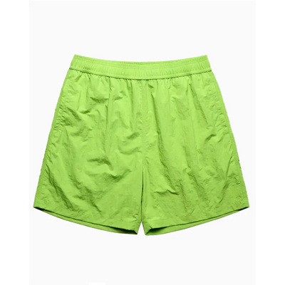 Green nylon shorts.