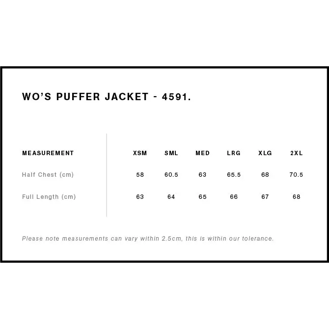 Women’s puffer jacket size chart.