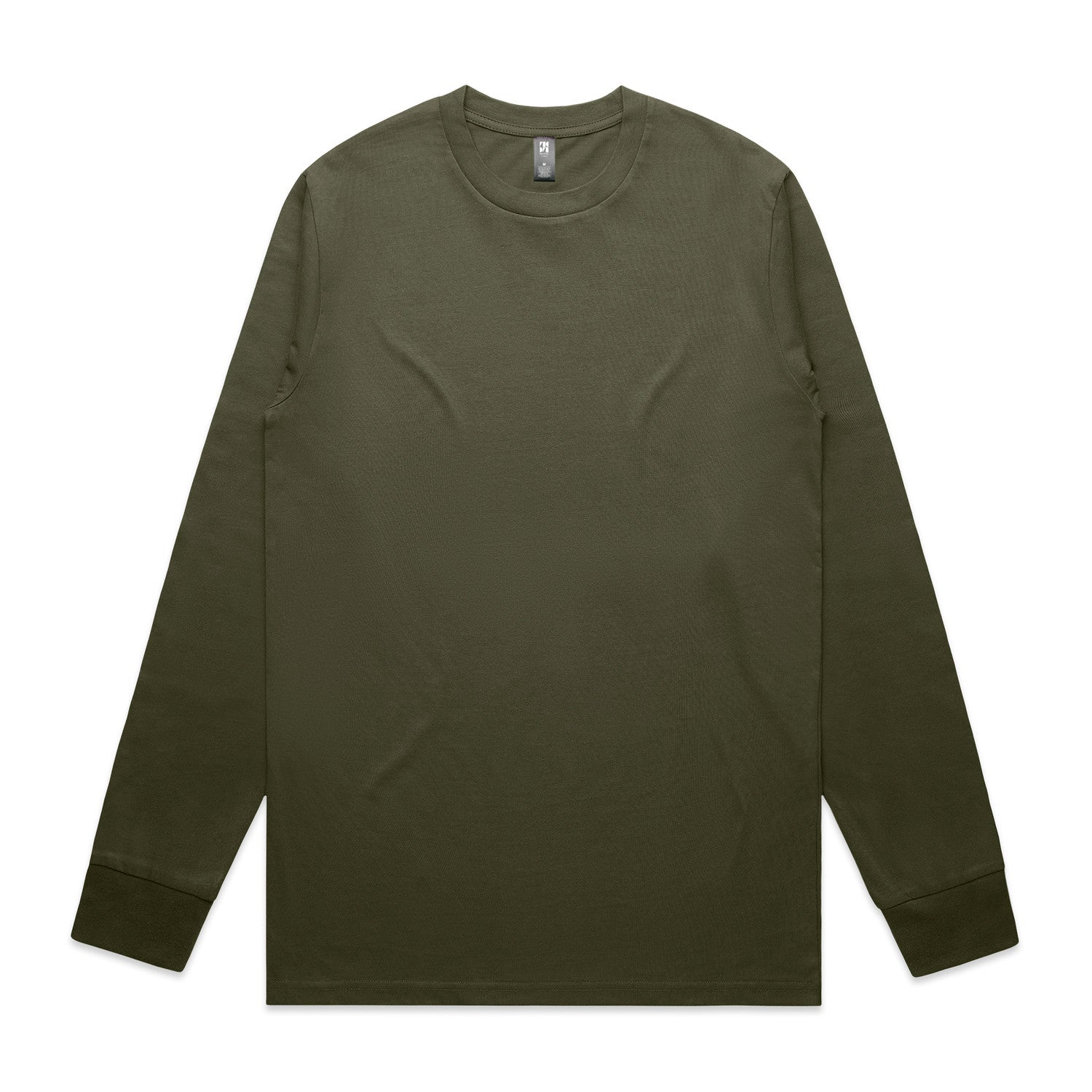 Olive green long-sleeved t-shirt with a crew neck and ribbed cuffs.