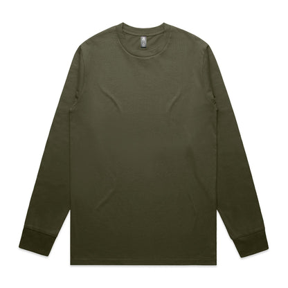 Olive green long-sleeved t-shirt with a crew neck and ribbed cuffs.