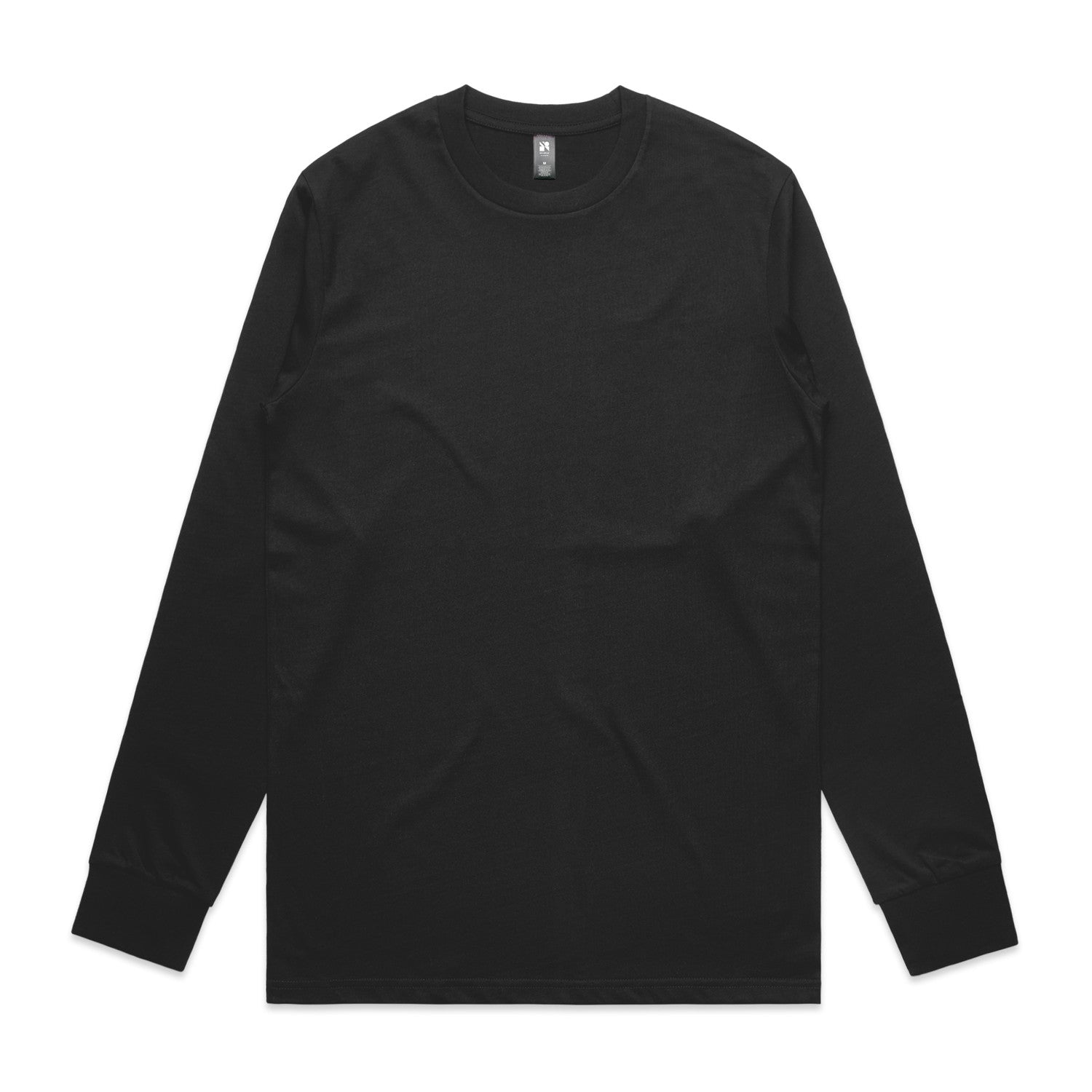 Black long-sleeved t-shirt with a crew neck and ribbed cuffs, likely made of cotton or polyester blend.