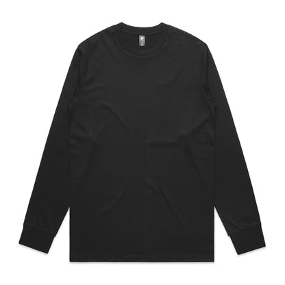Black long-sleeved t-shirt with a crew neck and ribbed cuffs, likely made of cotton or polyester blend.