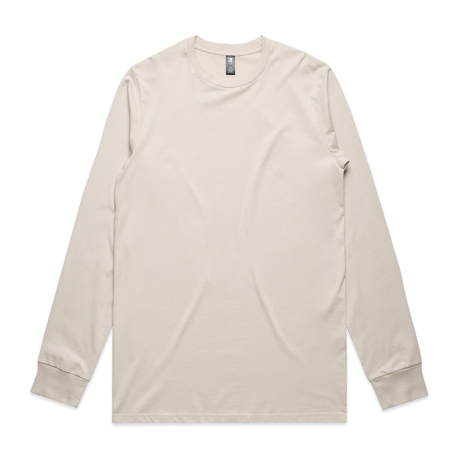 Off-white long-sleeved t-shirt with ribbed cuffs and hem, likely made of cotton or polyester blend.