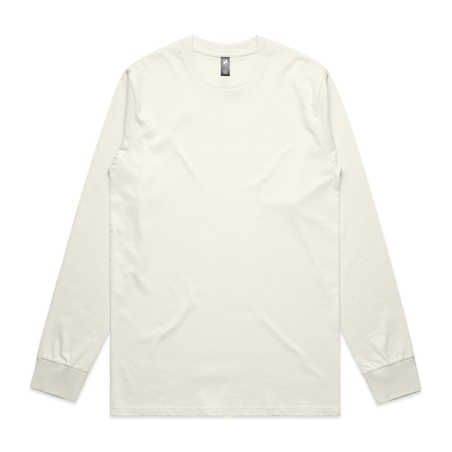 Cream-colored long-sleeved t-shirt with ribbed cuffs and hem, featuring a small logo on the back.