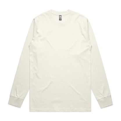 Cream-colored long-sleeved t-shirt with ribbed cuffs and hem, featuring a small logo on the back.