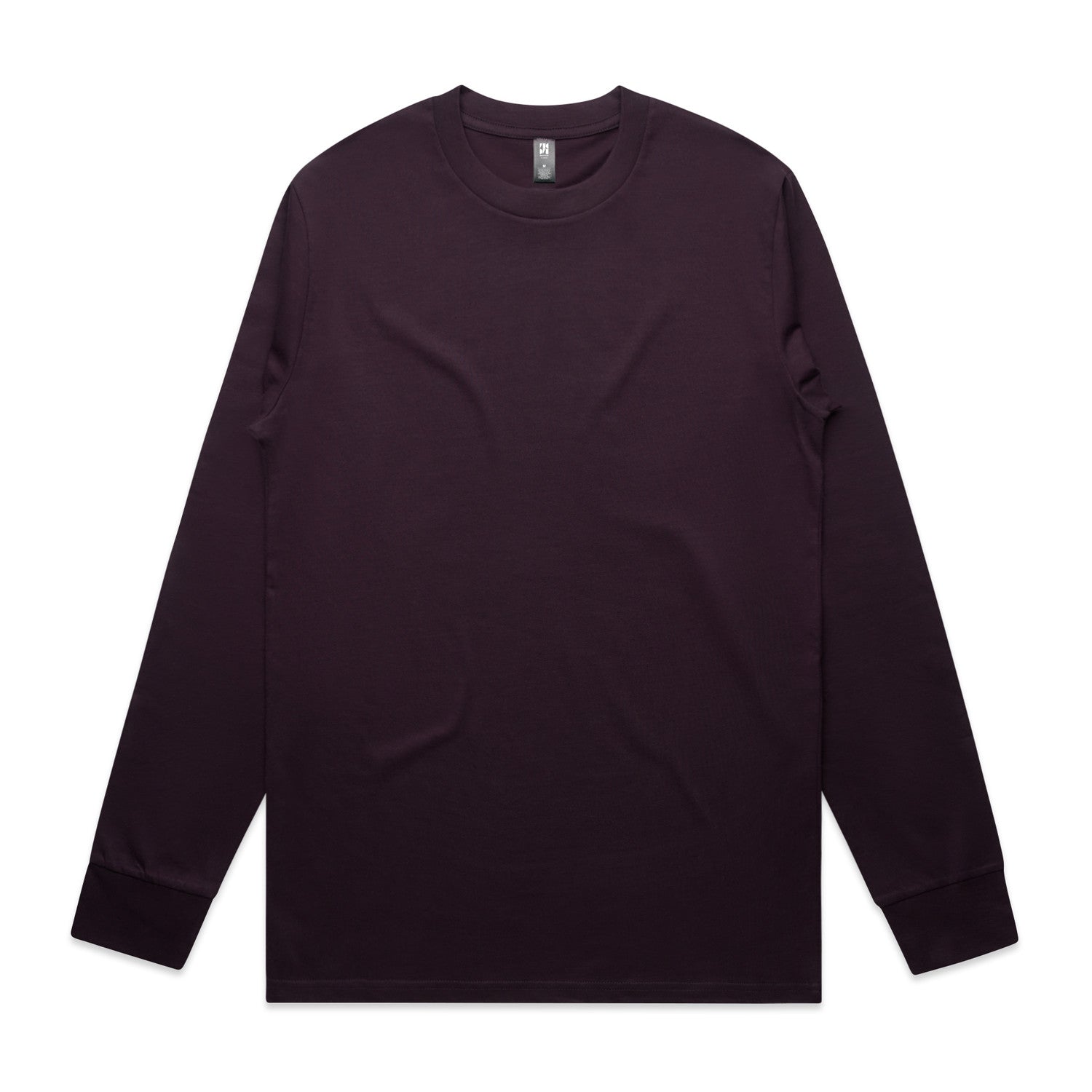 Dark maroon long-sleeved t-shirt with a crew neck and ribbed cuffs.