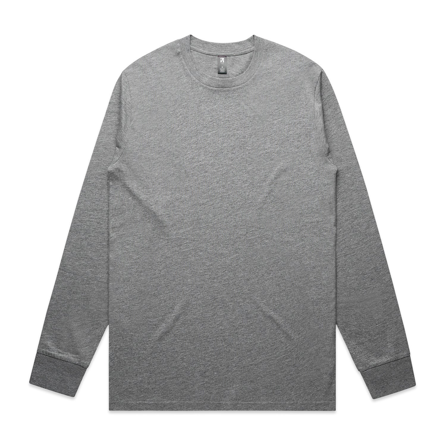 Heather gray long-sleeved crew neck t-shirt with ribbed cuffs and hem.