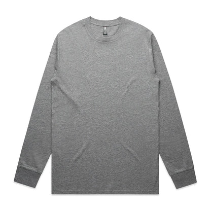 Heather gray long-sleeved crew neck t-shirt with ribbed cuffs and hem.