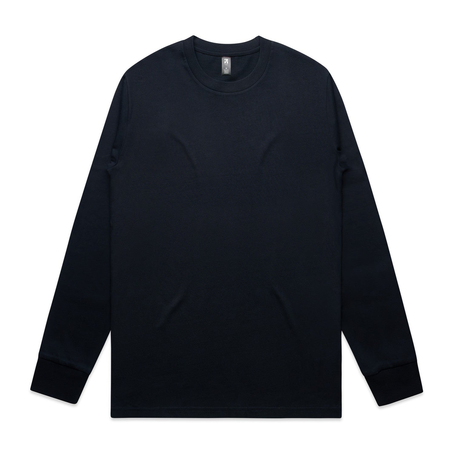 Black long-sleeved t-shirt with a crew neck and ribbed cuffs, likely made of cotton.