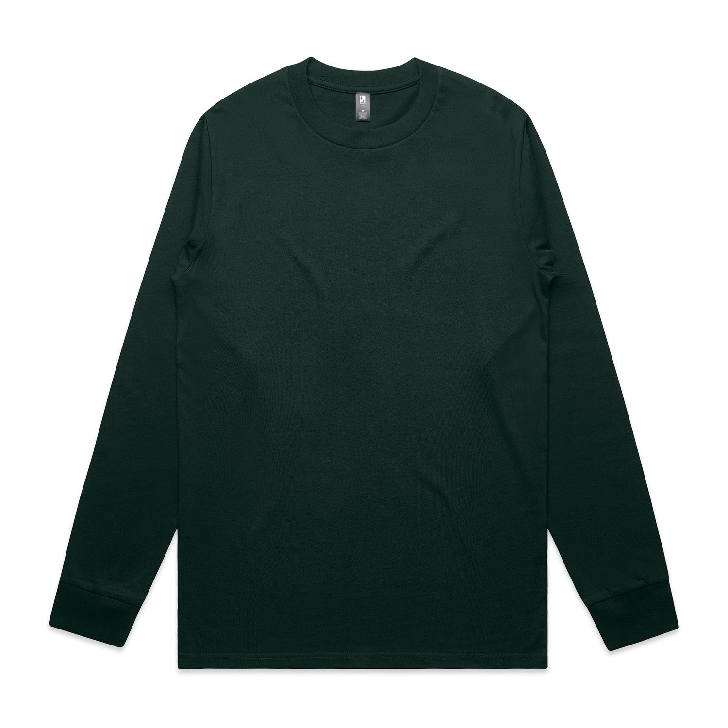 Dark green long-sleeved t-shirt with a crew neck and ribbed cuffs, likely made of cotton or polyester blend.