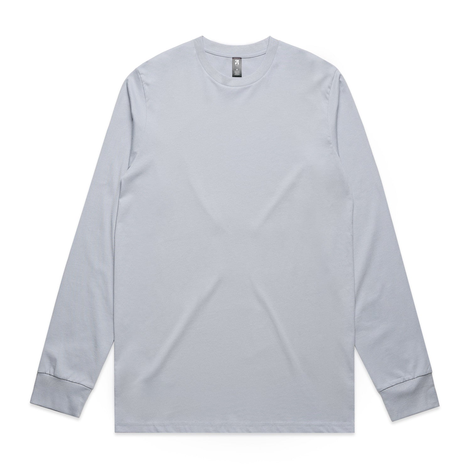 Light gray long-sleeved t-shirt with a crew neck and ribbed cuffs.