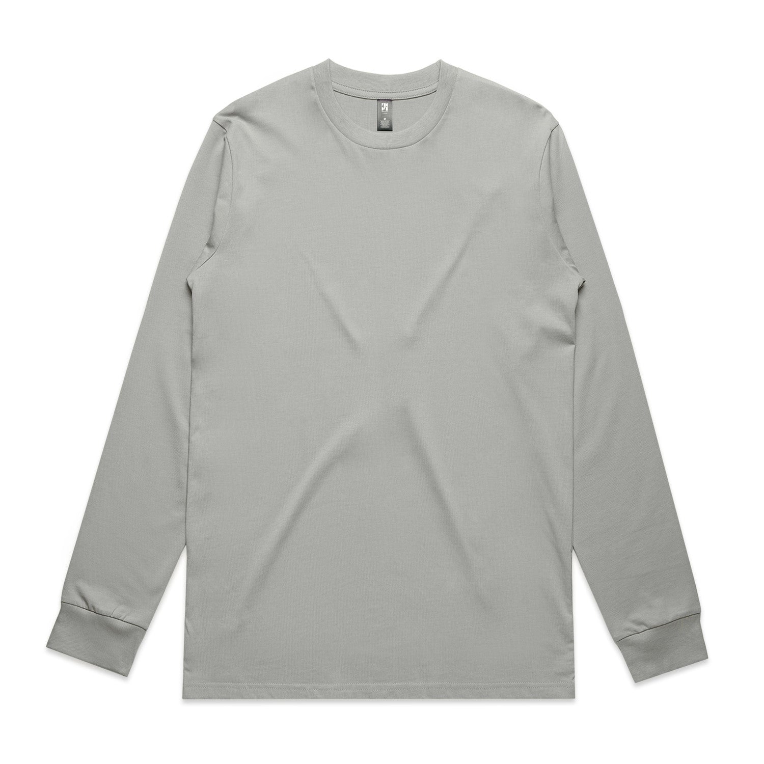 Gray long-sleeved t-shirt with a crew neck and ribbed cuffs.