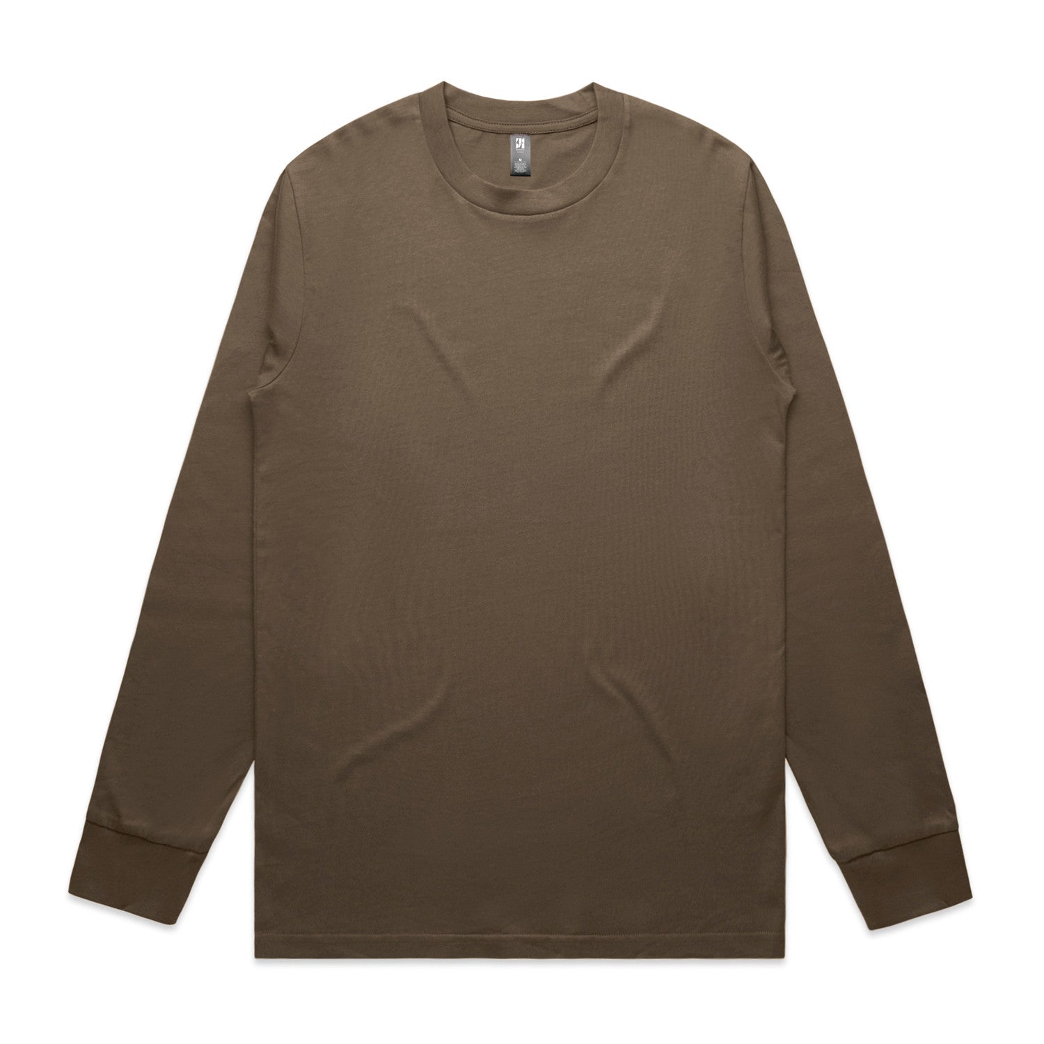 Olive green long-sleeved t-shirt with a crew neck and ribbed cuffs, made of cotton.