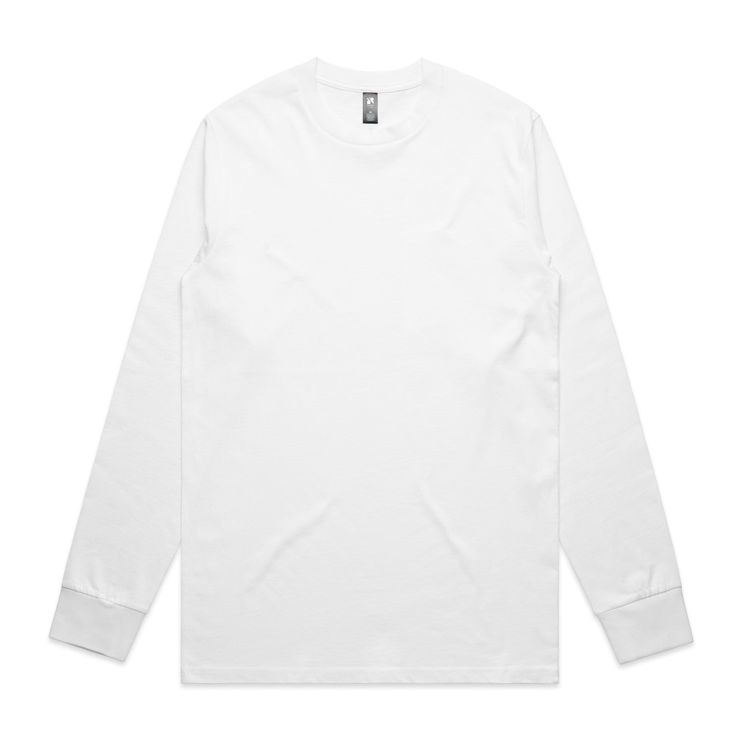 White long-sleeved t-shirt with ribbed cuffs and hem, likely made of cotton or polyester blend.