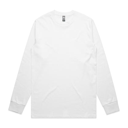 White long-sleeved t-shirt with ribbed cuffs and hem, likely made of cotton or polyester blend.