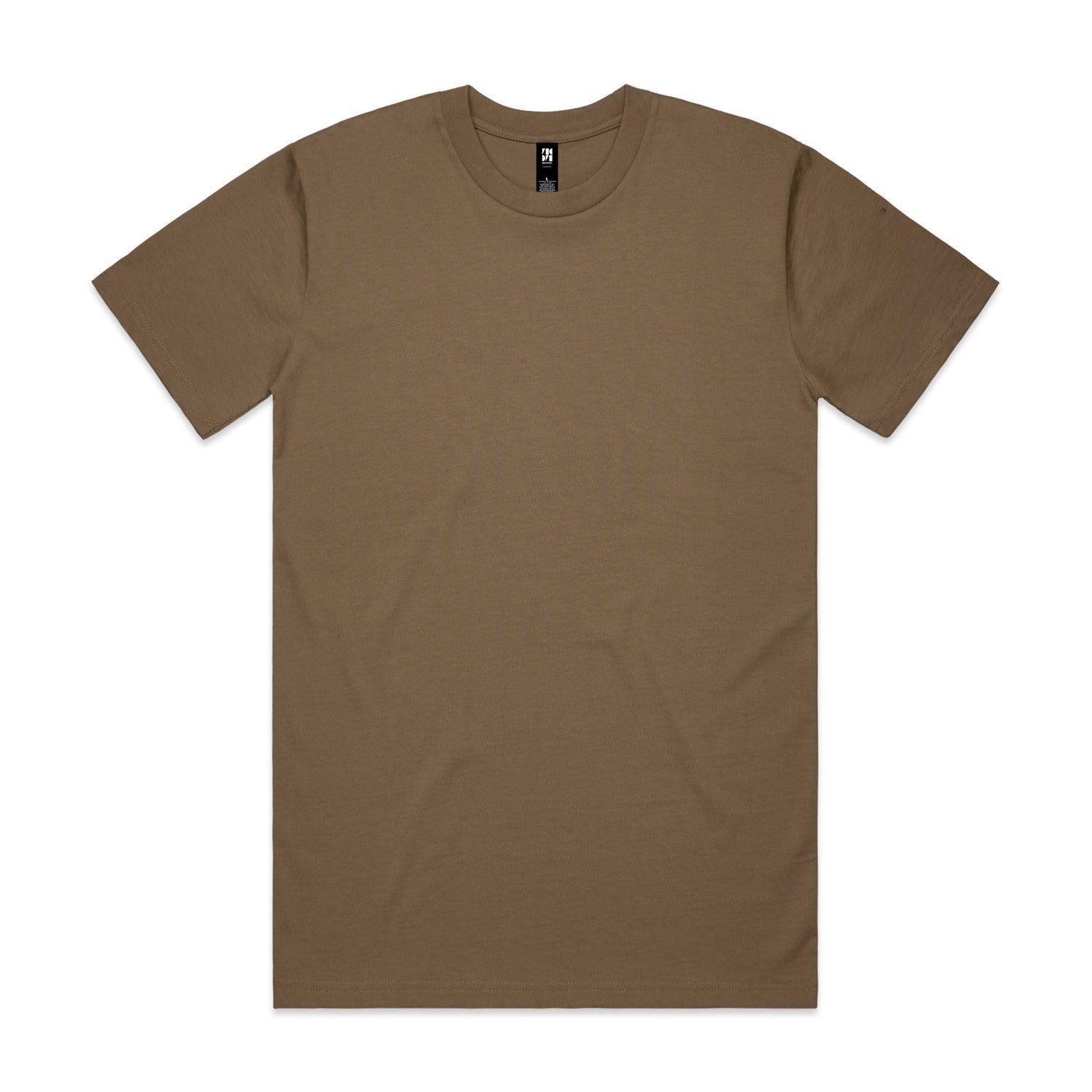 Olive green crew neck t-shirt with a small white logo on the left chest.