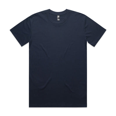 Navy blue crew neck t-shirt with short sleeves and a small white logo on the chest.