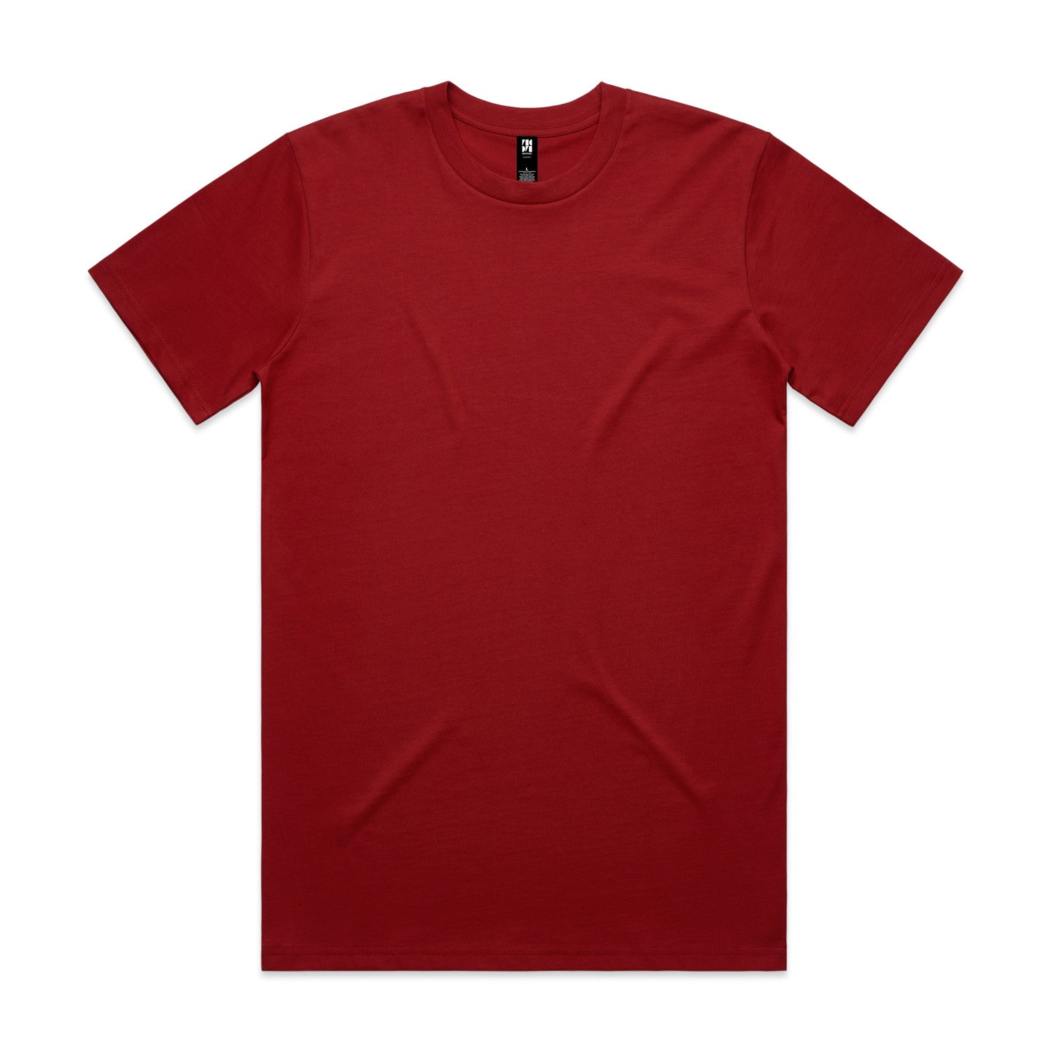 Red crew neck t-shirt with short sleeves and a pocket on the left side.