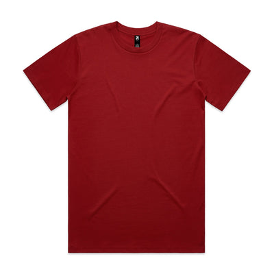 Red crew neck t-shirt with short sleeves and a pocket on the left side.