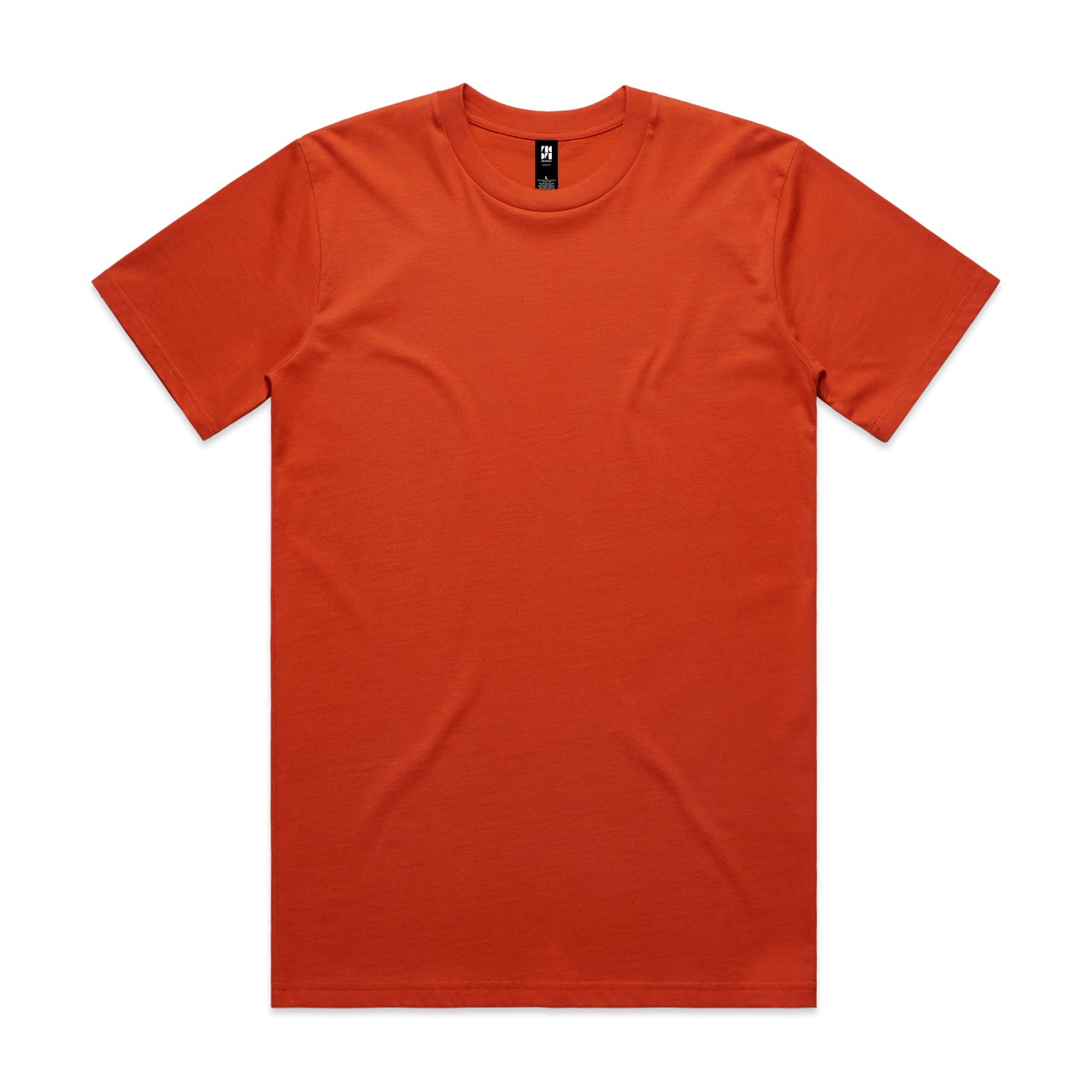 Orange t-shirt with short sleeves and a crew neck.