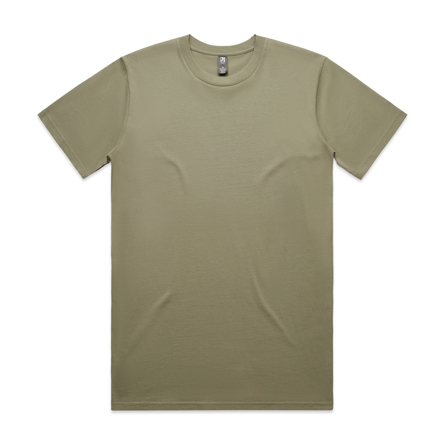 Olive green crew neck t-shirt with short sleeves and a simple design.