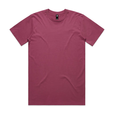 Burgundy crew neck t-shirt with black logo on left chest.