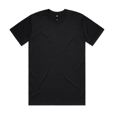 Black crew neck t-shirt with short sleeves and a simple design.