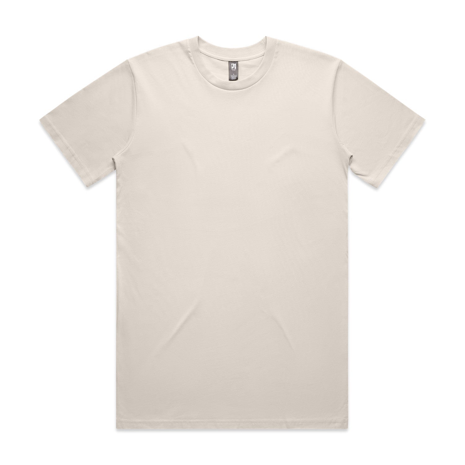 Beige crew neck t-shirt with short sleeves and a simple design.