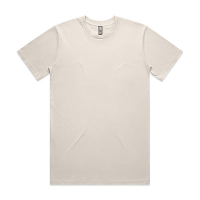 Beige crew neck t-shirt with short sleeves and a simple design.